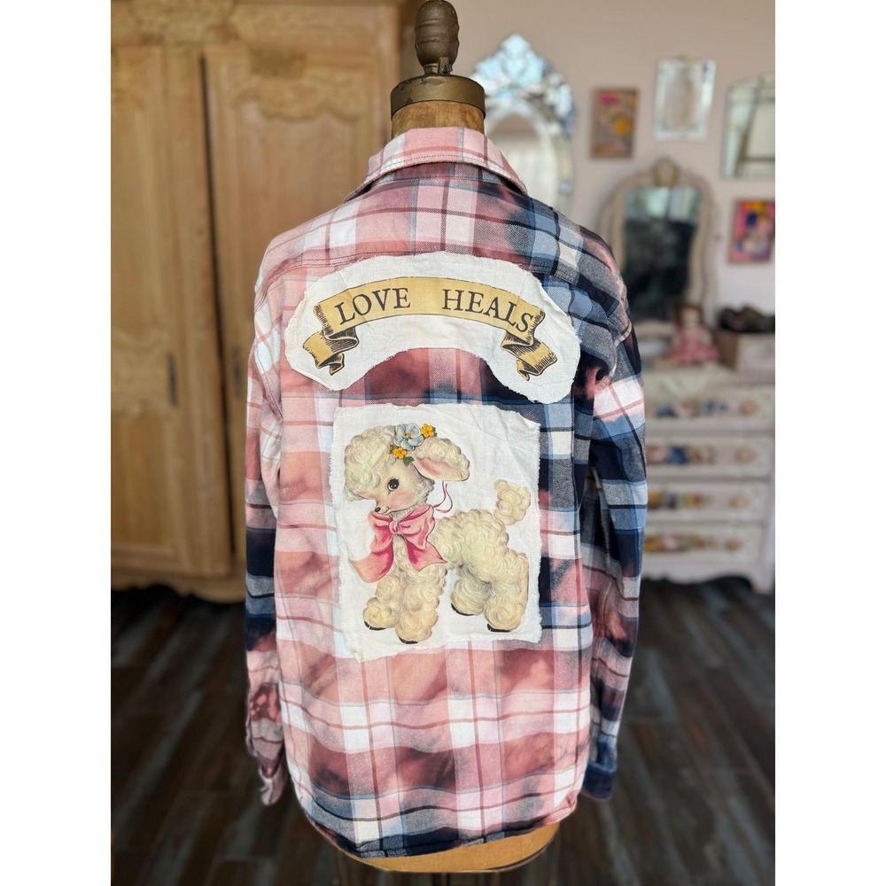 Upcycled Patchwork Flannel Shirt Large | Love Heals Lamb Folk Art - Picture 7 of 7